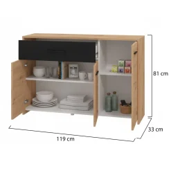 Credenza Marrone Rovere Nodi Nero 2 Ripiani un Cassetto 119x33x80.5h cm, 3 Ante - Sanza