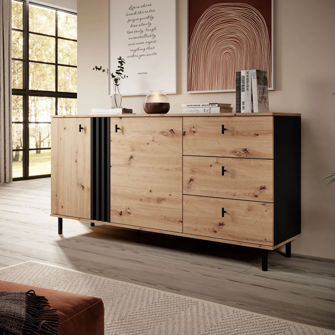 Credenza Marrone Rovere Nodi Nero 3 Cassetti 2 Ripiani 77x35x78h cm, Apertura Battente, Scorrevole - Ollant