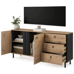 Credenza Marrone Rovere Nodi Nero 3 Cassetti 2 Ripiani 77x35x78h cm, Apertura Battente, Scorrevole - Ollant