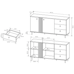 Credenza Marrone Rovere Nodi Nero 3 Cassetti 2 Ripiani 77x35x78h cm, Apertura Battente, Scorrevole - Ollant