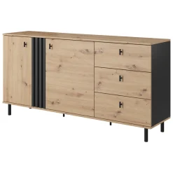 Credenza Marrone Rovere Nodi Nero 3 Cassetti 2 Ripiani 77x35x78h cm, Apertura Battente, Scorrevole - Ollant