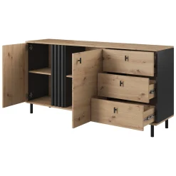 Credenza Marrone Rovere Nodi Nero 3 Cassetti 2 Ripiani 77x35x78h cm, Apertura Battente, Scorrevole - Ollant