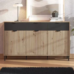 Credenza Marrone Rovere Nodi Nero 3 Cassetti 3 Ripiani 157x40x92.5h cm, Apertura Battente e Scorrevole - Robbio