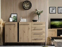 Credenza Marrone Rovere Nodi Nero 4 Cassetti 2 Ripiani 159x42x95h cm, Apertura Battente e Scorrevole - Ceredano