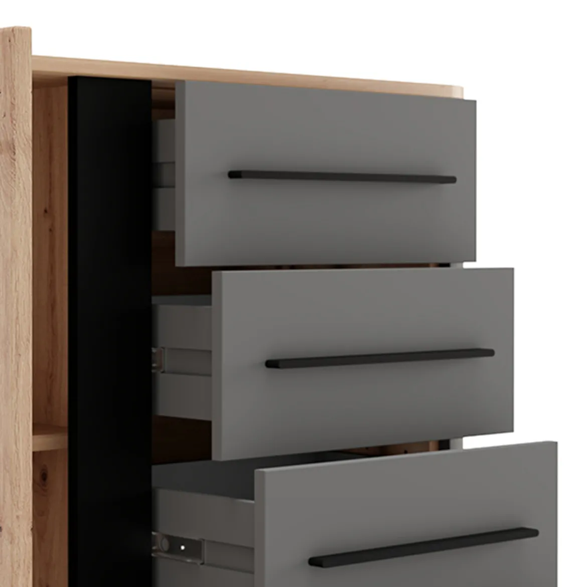 Credenza Marrone Rovere Nodi Nero Antracite 2 Ripiani 4 Cassetti 103x40x94h cm, Un'anta - Carmel