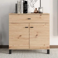 Credenza Marrone Rovere Nodi Nero un Cassetto 2 Ripiani 93x40x90h cm, Apertura Battente, Scorrevole - Laerruu