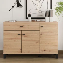 Credenza Marrone Rovere Nodi Nero un Cassetto 3 Ripiani 138x40x90h cm, Apertura Battente e Scorrevole - Laerru
