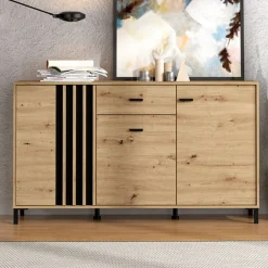 Credenza Marrone Rovere Nodi Nero un Cassetto 3 Ripiani 170x40x90h cm, Apertura Battente e Scorrevole - Settime