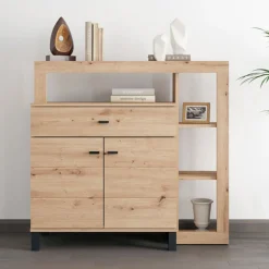 Credenza Marrone Rovere Nodi Nero un Cassetto 5 Ripiani 145x35x101h cm, Apertura Battente, Scorrevole - Piriap
