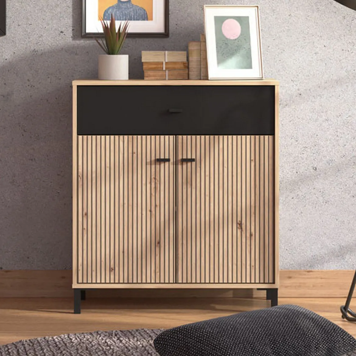 Credenza Marrone Rovere Nodi Nero un Cassetto un Ripiano 80x40x90h cm, Apertura Battente e Scorrevole - Settime