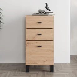 Credenza Marrone Rovere Nodi Nero un Ripiano 3 Cassetti 39x35x78h cm, Apertura Scorrevole - Vilcab