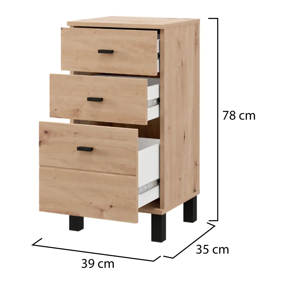 Credenza Marrone Rovere Nodi Nero un Ripiano 3 Cassetti 39x35x78h cm, Apertura Scorrevole - Vilcab