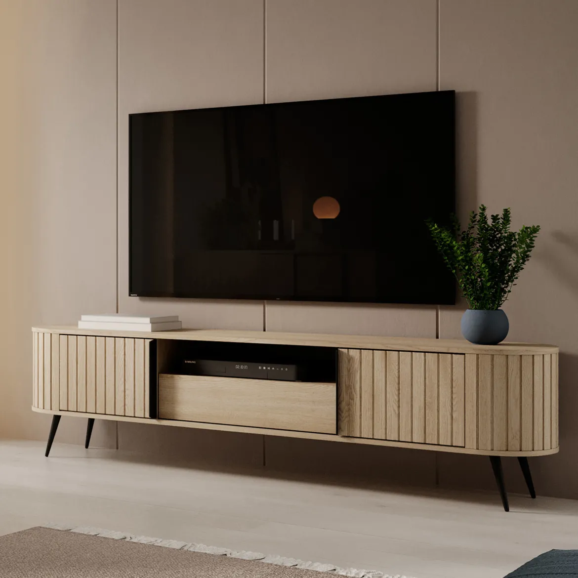 Credenza Marrone Rovere un Cassetto 2 Ripiani 196x40x51h cm, Apertura Battente, Scorrevole - Hanotofa