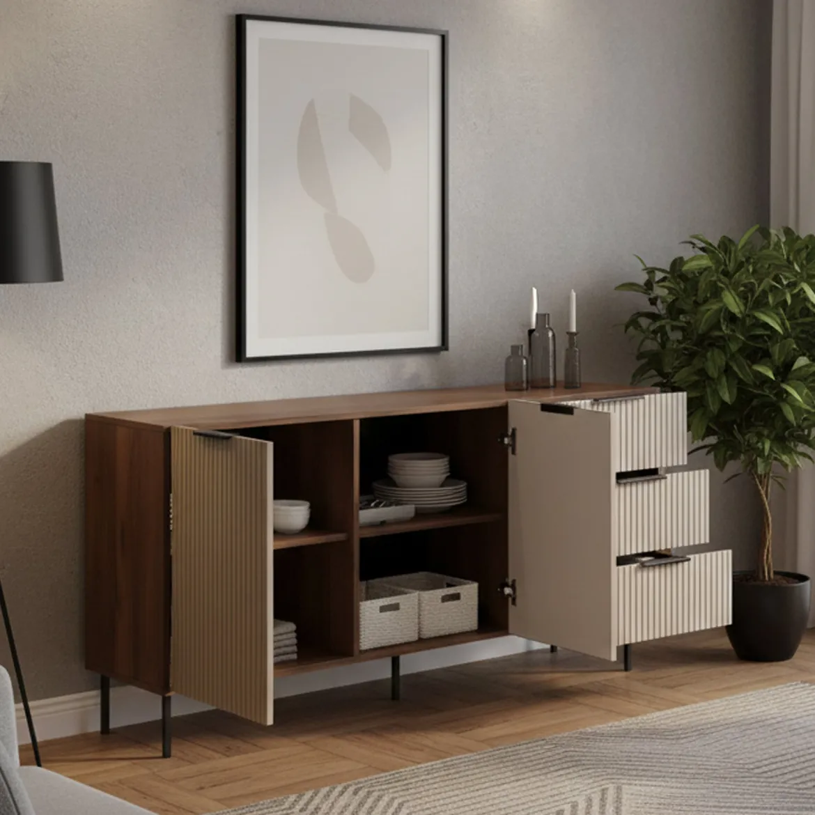 Credenza Monzuno, 156x42 h75 cm, Noce e Beige