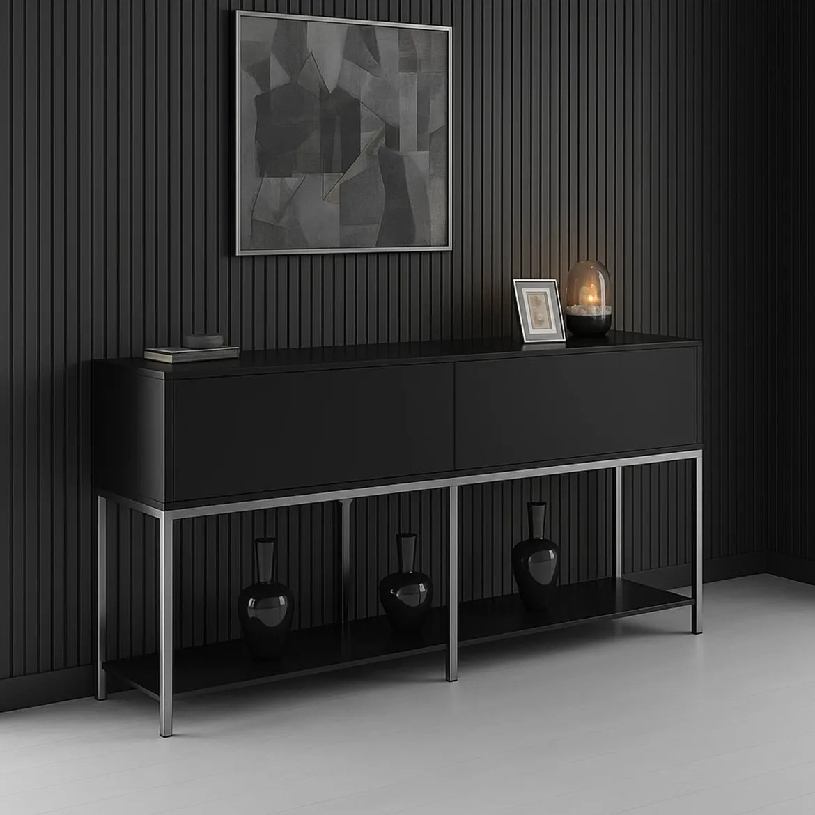 Credenza nera e argento 150x30x80h cm 2 ante - Basilia