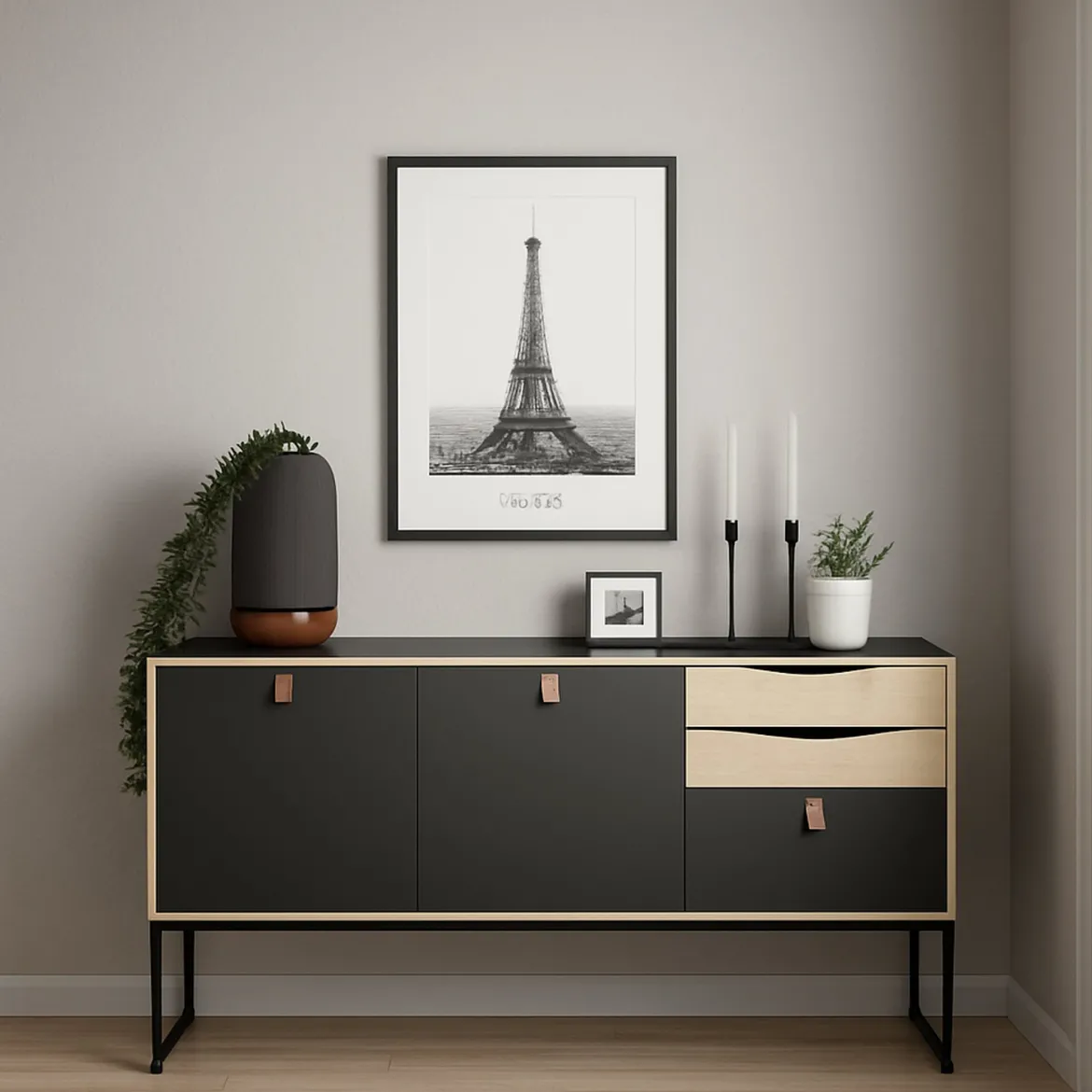 Credenza nera e quercia 98x40x86h cm 1 anta e 3 cassetti - Molise