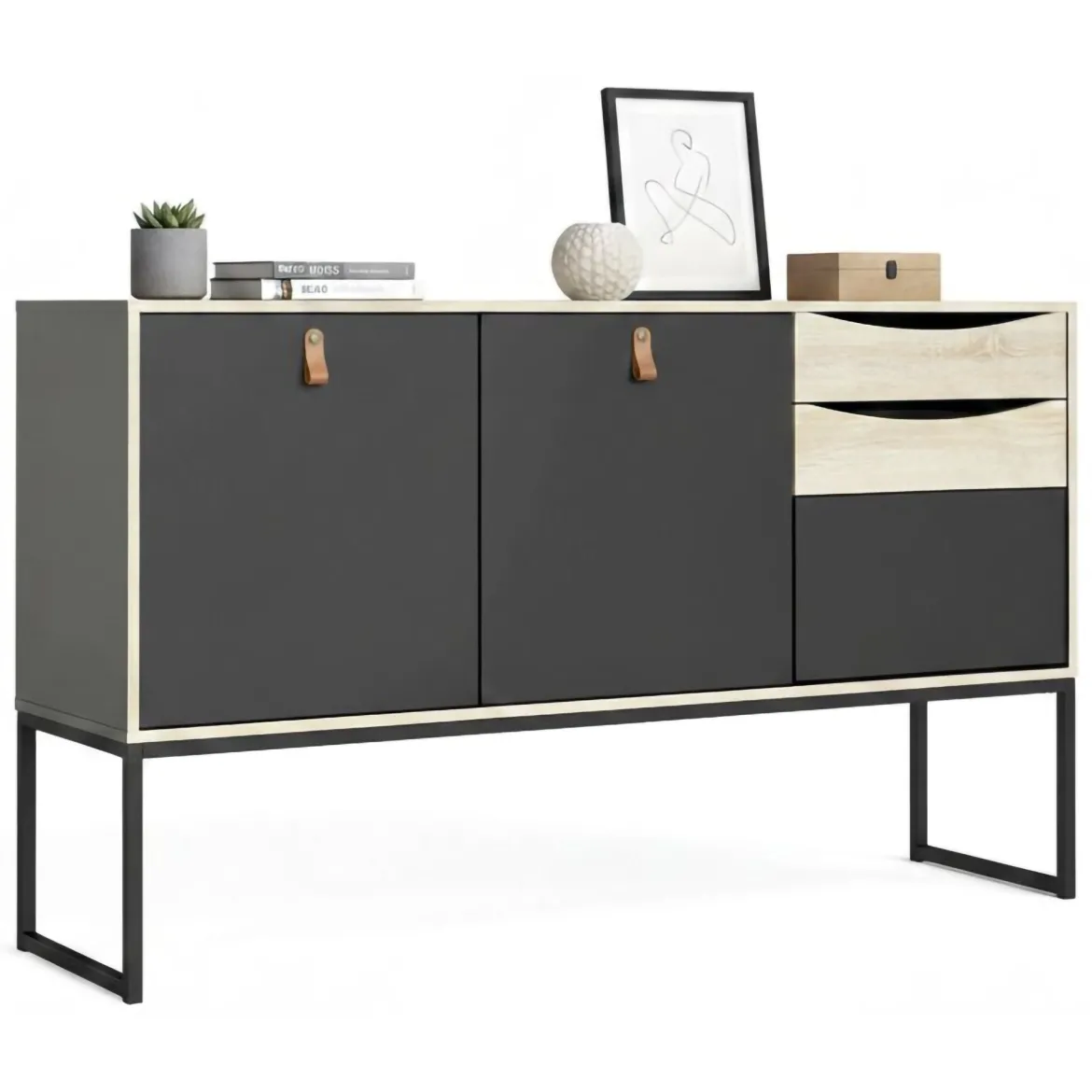 Credenza nera e quercia 98x40x86h cm 1 anta e 3 cassetti - Molise