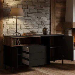Credenza nera,noce 175x48x89h cm 3 ante e 3 cassetti - Julie