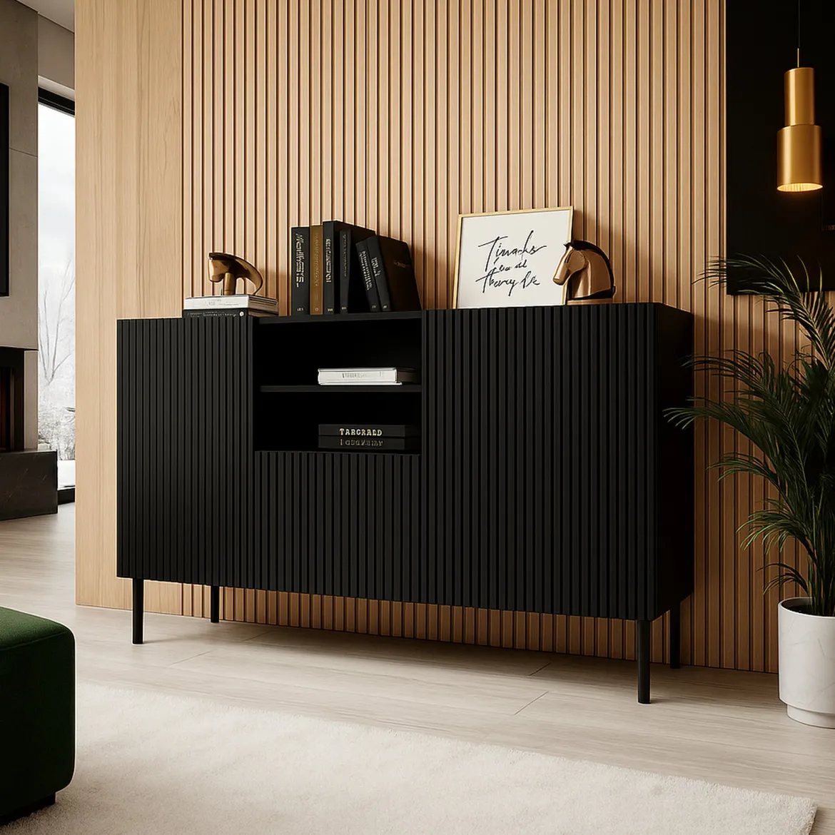 Credenza nera 150x42x82h cm 2 ante e 1 cassetto - Malo