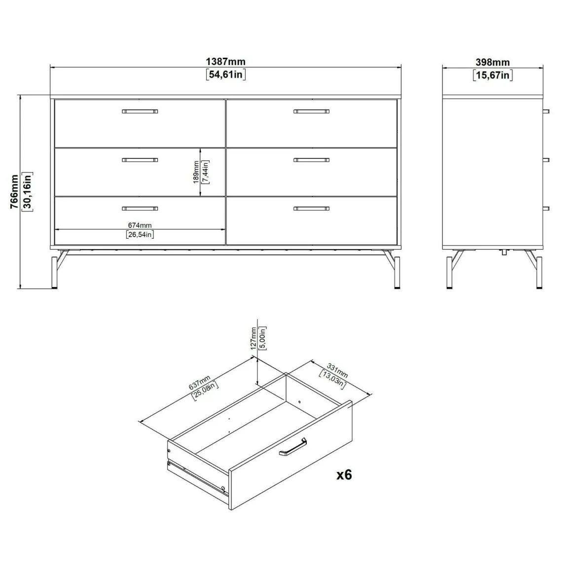 Credenza nera 138x39x76h cm 6 cassetti - Begawan