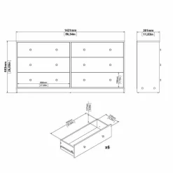 Credenza nera 143x30x68h cm 6 cassetti - Rick