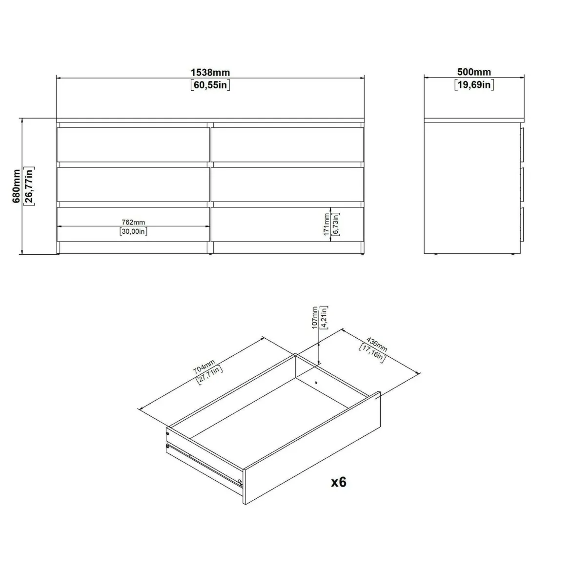 Credenza nera 153x50x68h cm 6 cassetti - Joyce