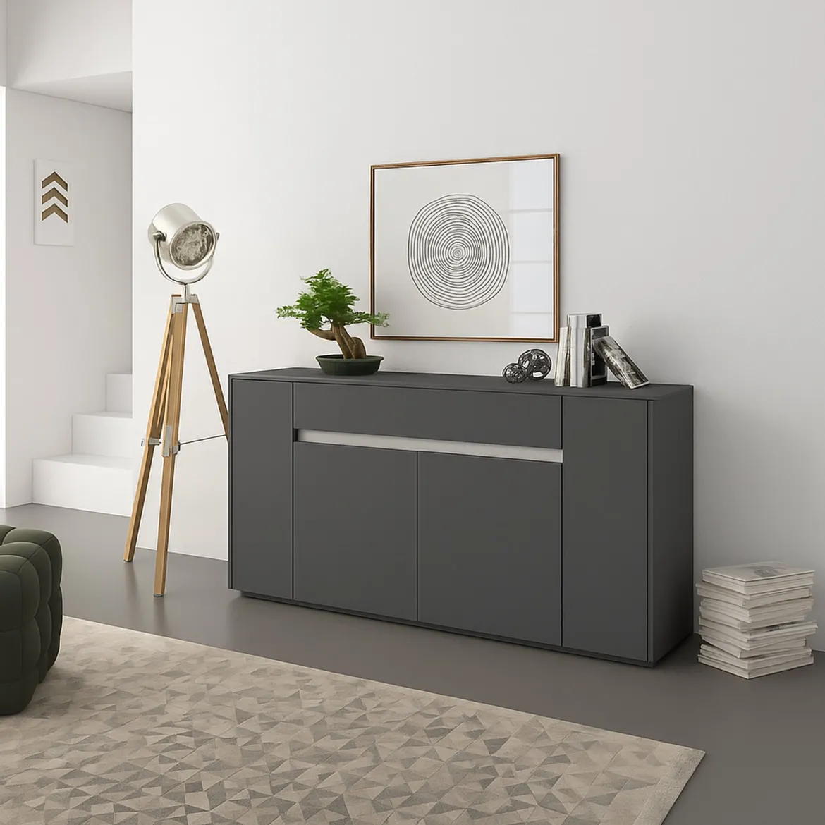 Credenza Nero Antracite Bianco un Cassetto 3 Ripiani 170x40x85h cm, Apertura Battente - Cirimido