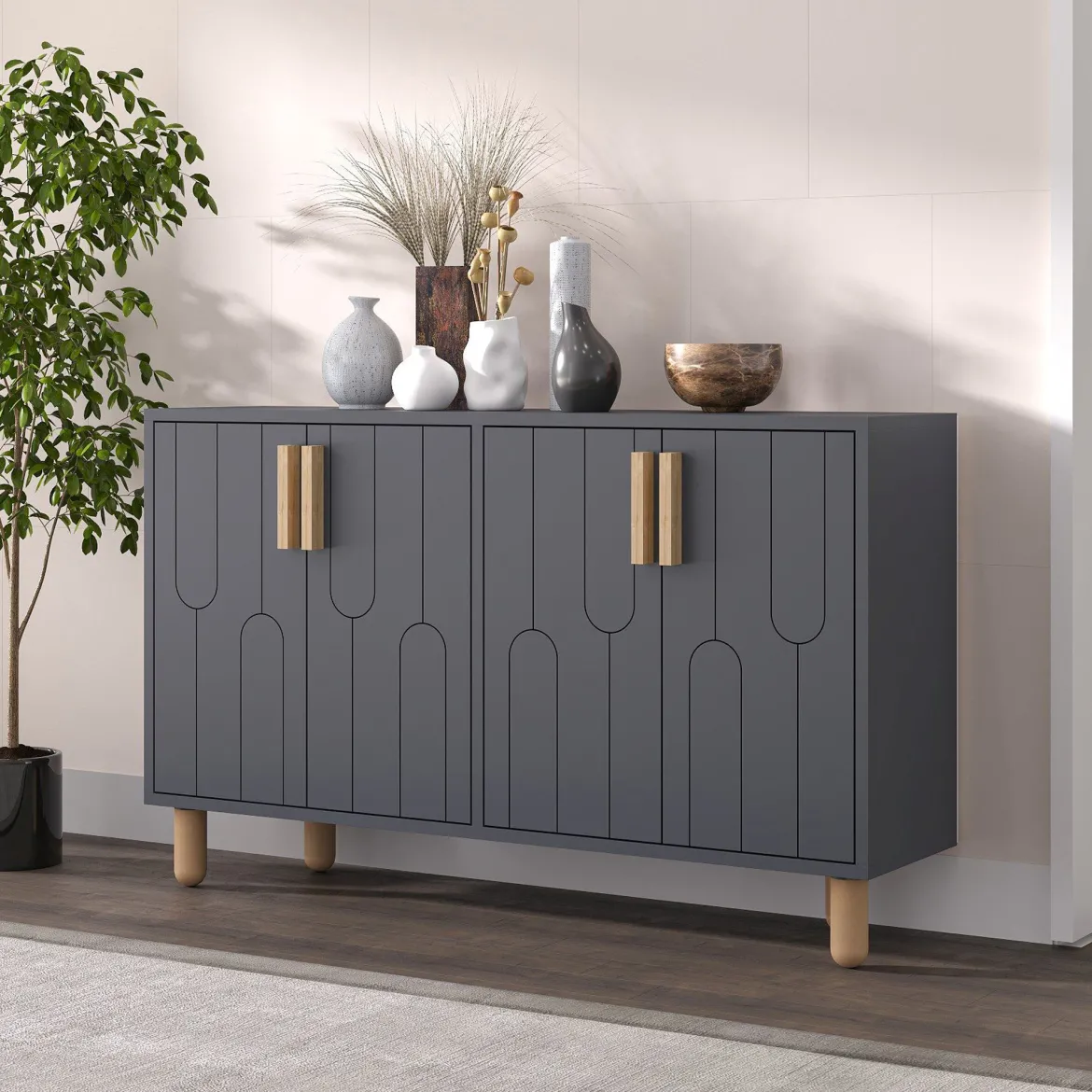 Credenza Nero Antracite Marrone Rovere 2 Ripiani 4 Ante 120x30x74h cm, 4 Vani - Venerina