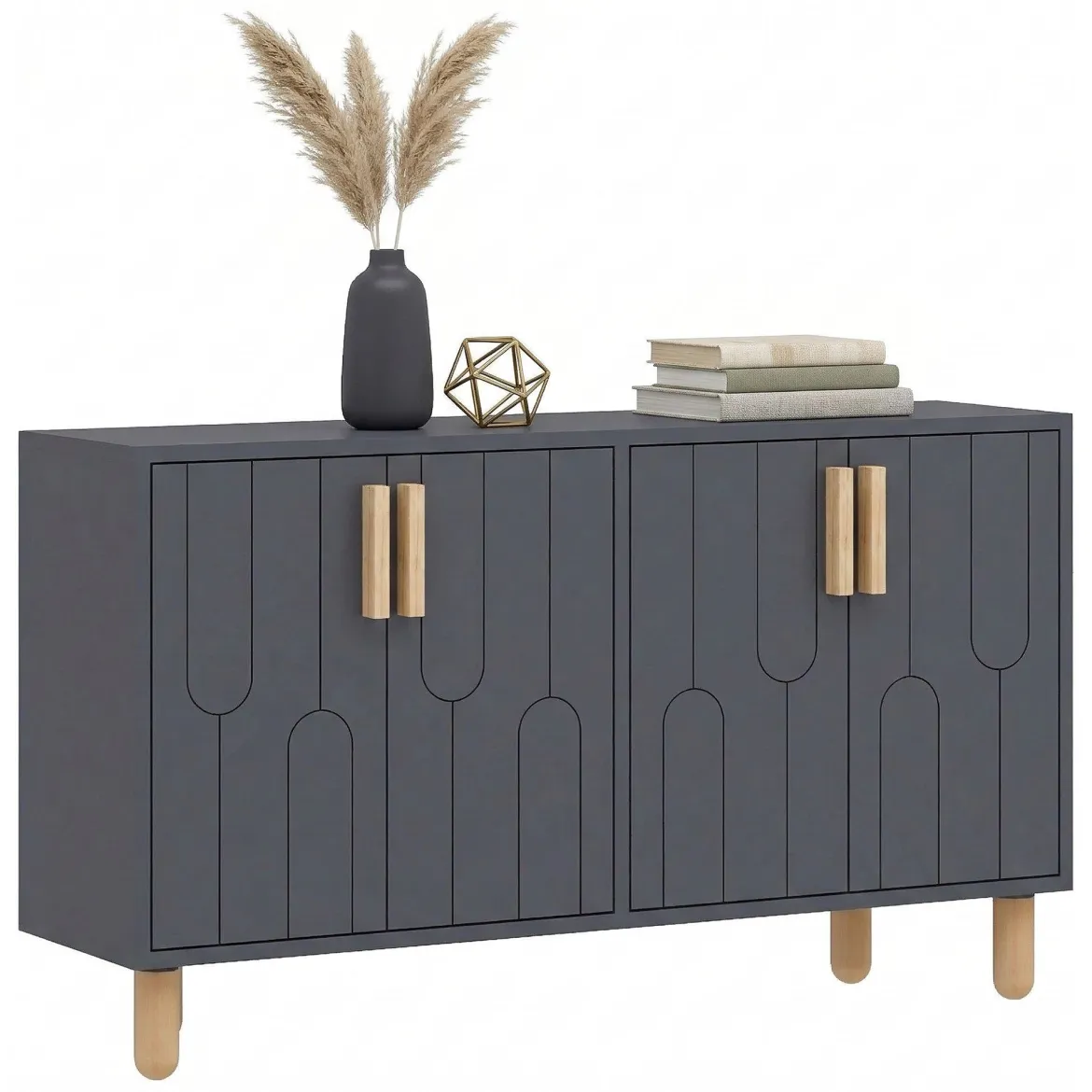 Credenza Nero Antracite Marrone Rovere 2 Ripiani 4 Ante 120x30x74h cm, 4 Vani - Venerina