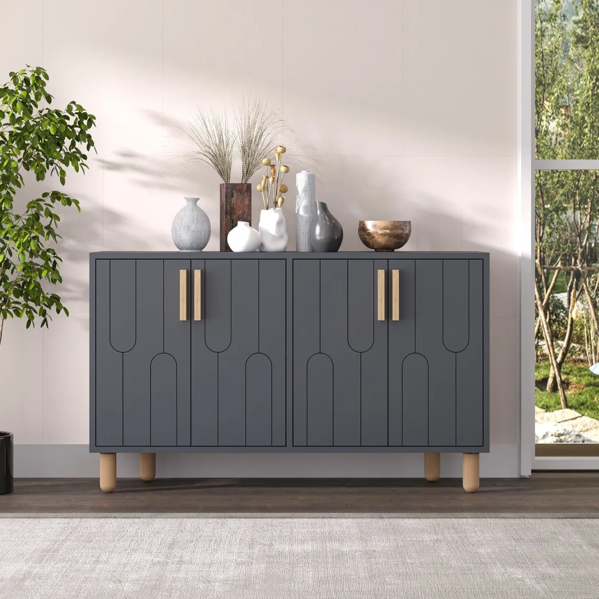 Credenza Nero Antracite Marrone Rovere 2 Ripiani 4 Ante 120x30x74h cm, 4 Vani - Venerina