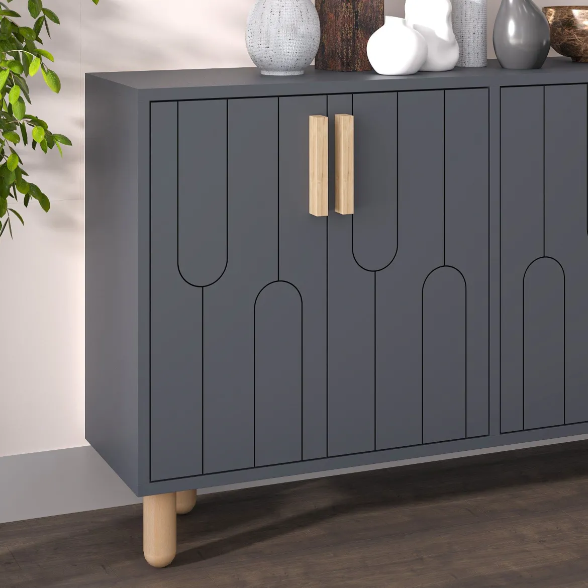 Credenza Nero Antracite Marrone Rovere 2 Ripiani 4 Ante 120x30x74h cm, 4 Vani - Venerina
