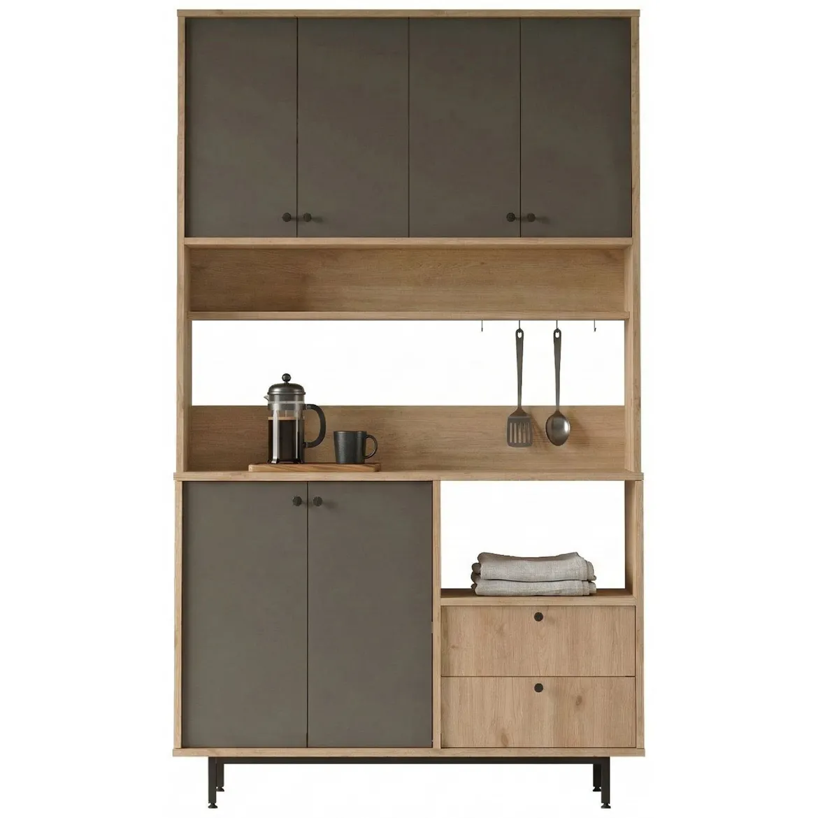 Credenza Nero Antracite Marrone Rovere 4 Ripiani 2 Cassetti 120x36x205h cm, 6 Ante - Pianella