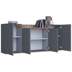 Credenza Nero Antracite Marrone Rovere 6 Ripiani Apertura Battente 160x35x70h cm, 4 Ante Made in Italy - Swink