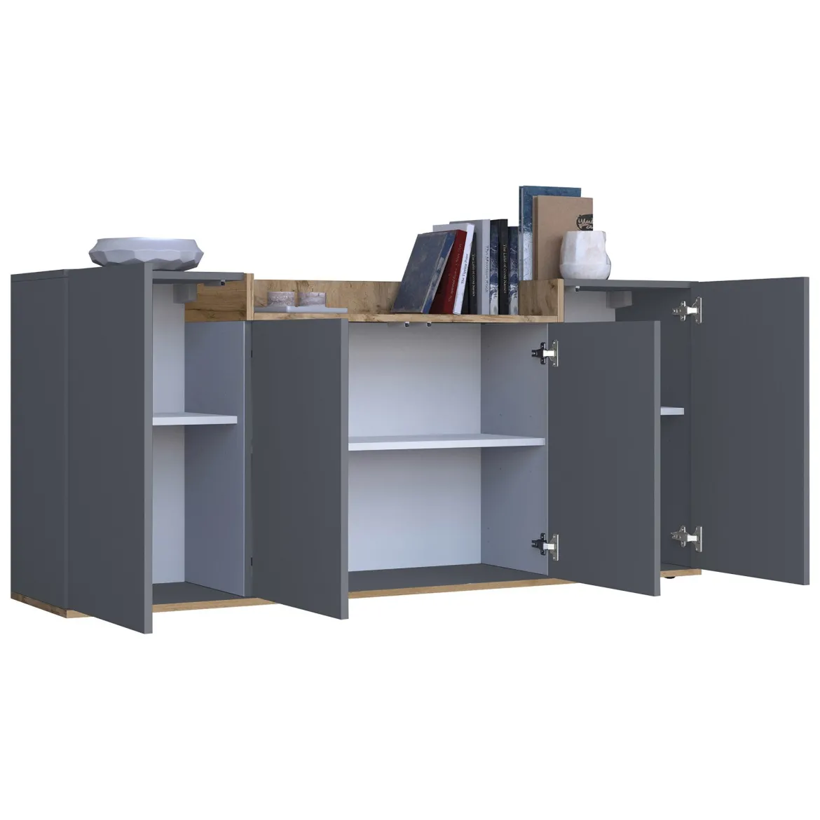 Credenza Nero Antracite Marrone Rovere 6 Ripiani Apertura Battente 160x35x70h cm, 4 Ante Made in Italy - Swink