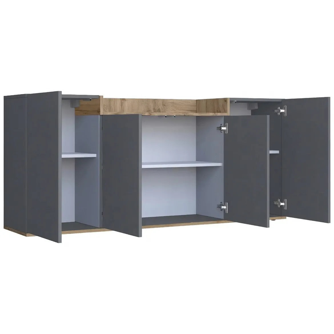 Credenza Nero Antracite Marrone Rovere 6 Ripiani Apertura Battente 160x35x70h cm, 4 Ante Made in Italy - Swink