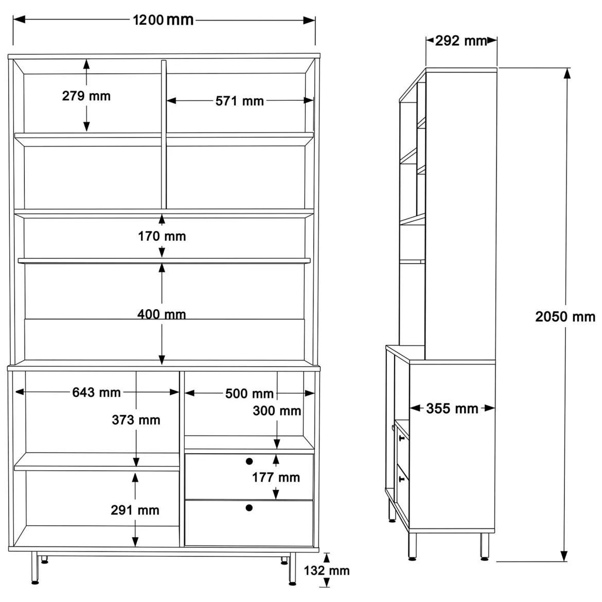 Credenza Nero Antracite Marrone Rovere 4 Ripiani 2 Cassetti 120x36x205h cm, 6 Ante - Pianella