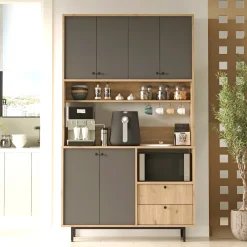 Credenza Nero Antracite Marrone Rovere 4 Ripiani 2 Cassetti 120x36x205h cm, 6 Ante - Pianella