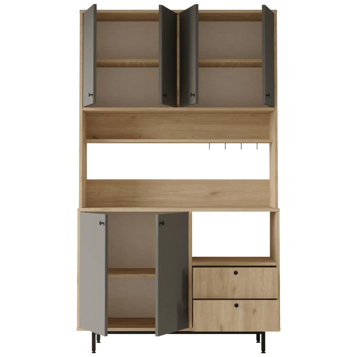 Credenza Nero Antracite Marrone Rovere 4 Ripiani 2 Cassetti 120x36x205h cm, 6 Ante - Pianella