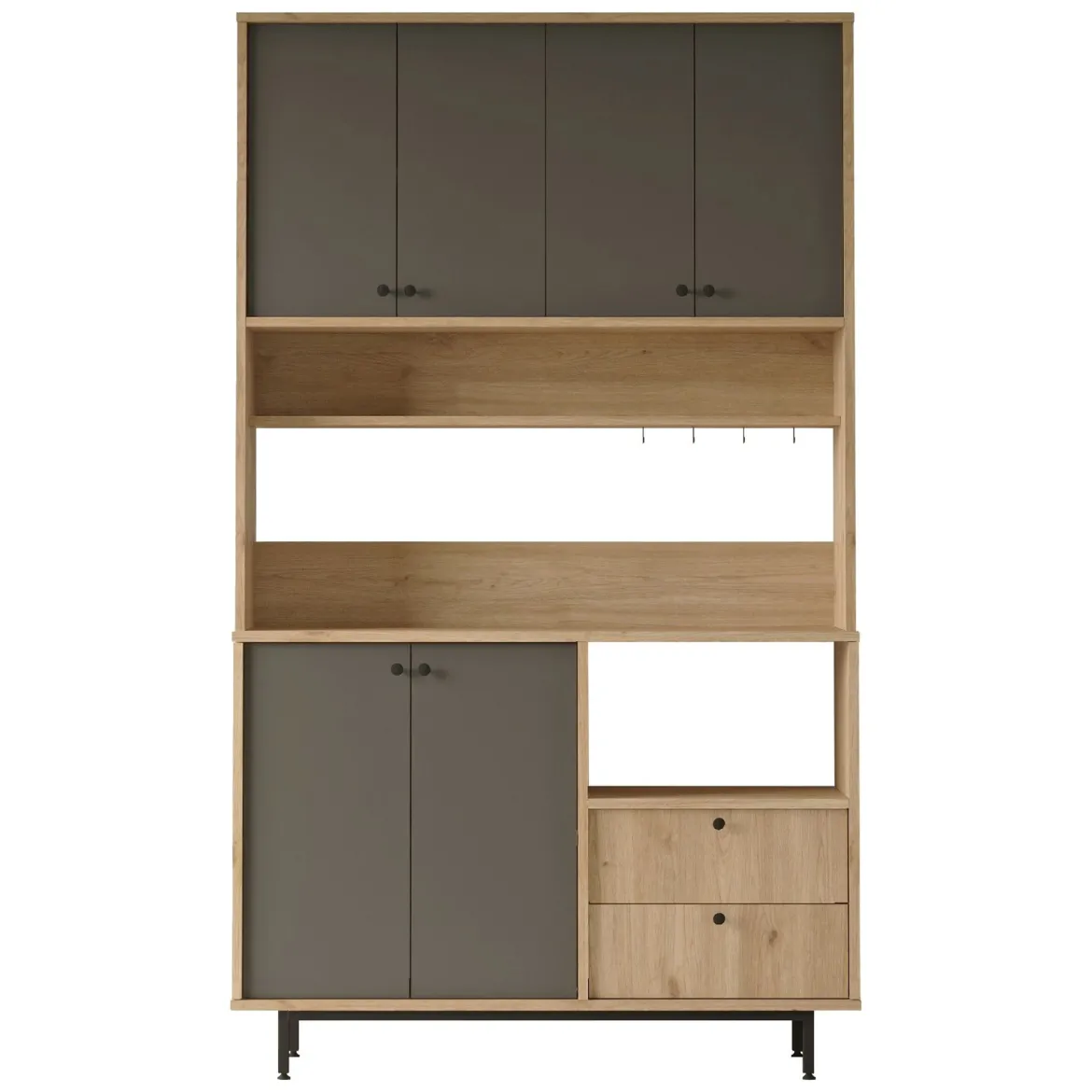 Credenza Nero Antracite Marrone Rovere 4 Ripiani 2 Cassetti 120x36x205h cm, 6 Ante - Pianella