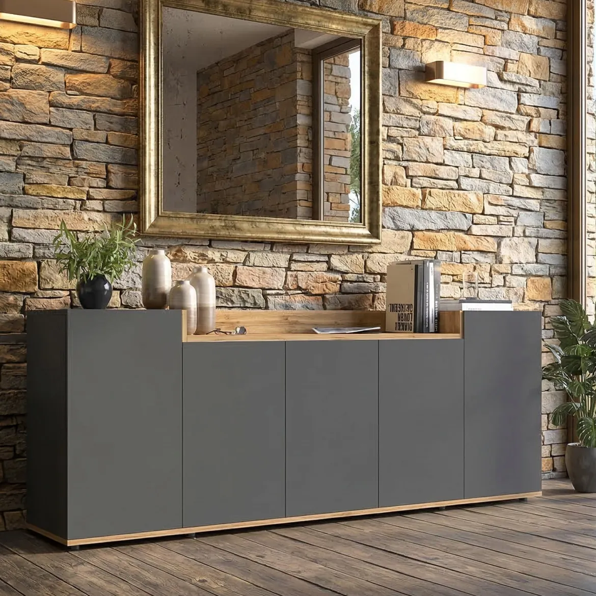 Credenza Nero Antracite Marrone Rovere un Ripiano 2 Ante 72x36x73h cm, 2 Vani - Pontida