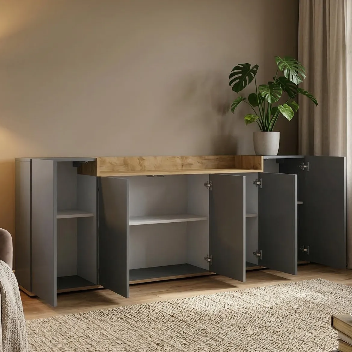 Credenza Nero Antracite Marrone Rovere un Ripiano 2 Ante 72x36x73h cm, 2 Vani - Pontida