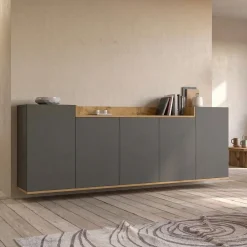 Credenza Nero Antracite Marrone Rovere 7 Ripiani Apertura Battente 200x35x70h cm, 5 Ante Made in Italy - Cordele