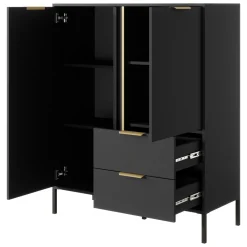 Credenza Nero Antracite oro 2 Cassetti 3 Ripiani 103x40x123h cm, Apertura Battente, Scorrevole - Hameno