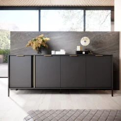 Credenza Nero Antracite oro 4 Ripiani Apertura Battente 203x40x81h cm, 4 Ante - Hamebati