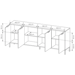 Credenza Nero Antracite oro 4 Ripiani Apertura Battente 203x40x81h cm, 4 Ante - Hamebati