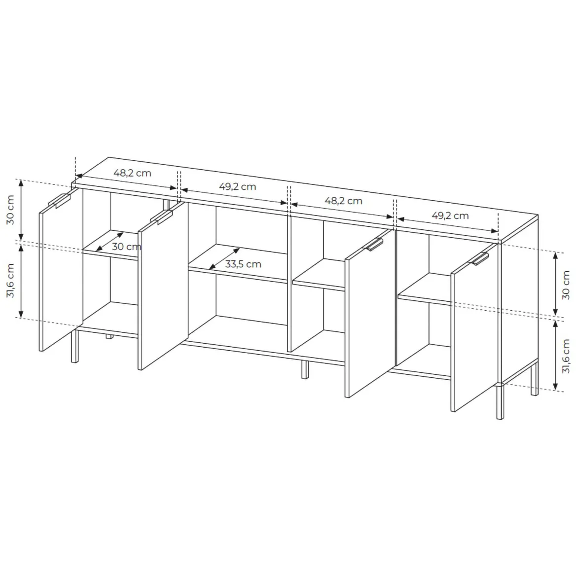 Credenza Nero Antracite oro 4 Ripiani Apertura Battente 203x40x81h cm, 4 Ante - Hamebati