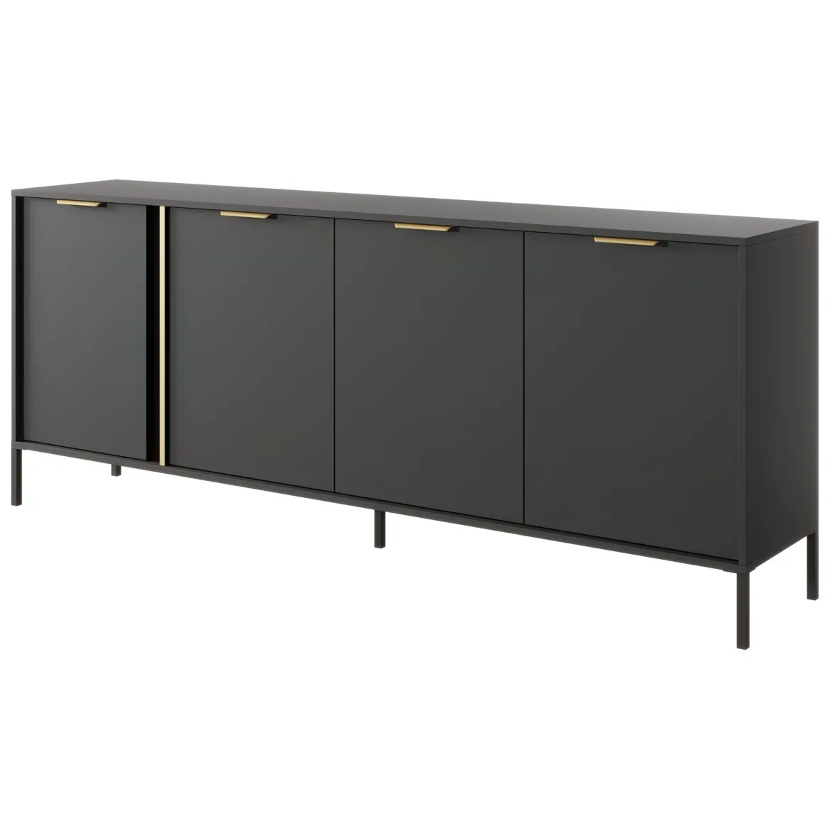 Credenza Nero Antracite oro 4 Ripiani Apertura Battente 203x40x81h cm, 4 Ante - Hamebati