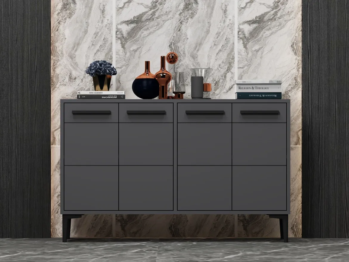 Credenza Nero Antracite 2 Ripiani 4 Ante 120x30x75h cm, 4 Vani - Perledo