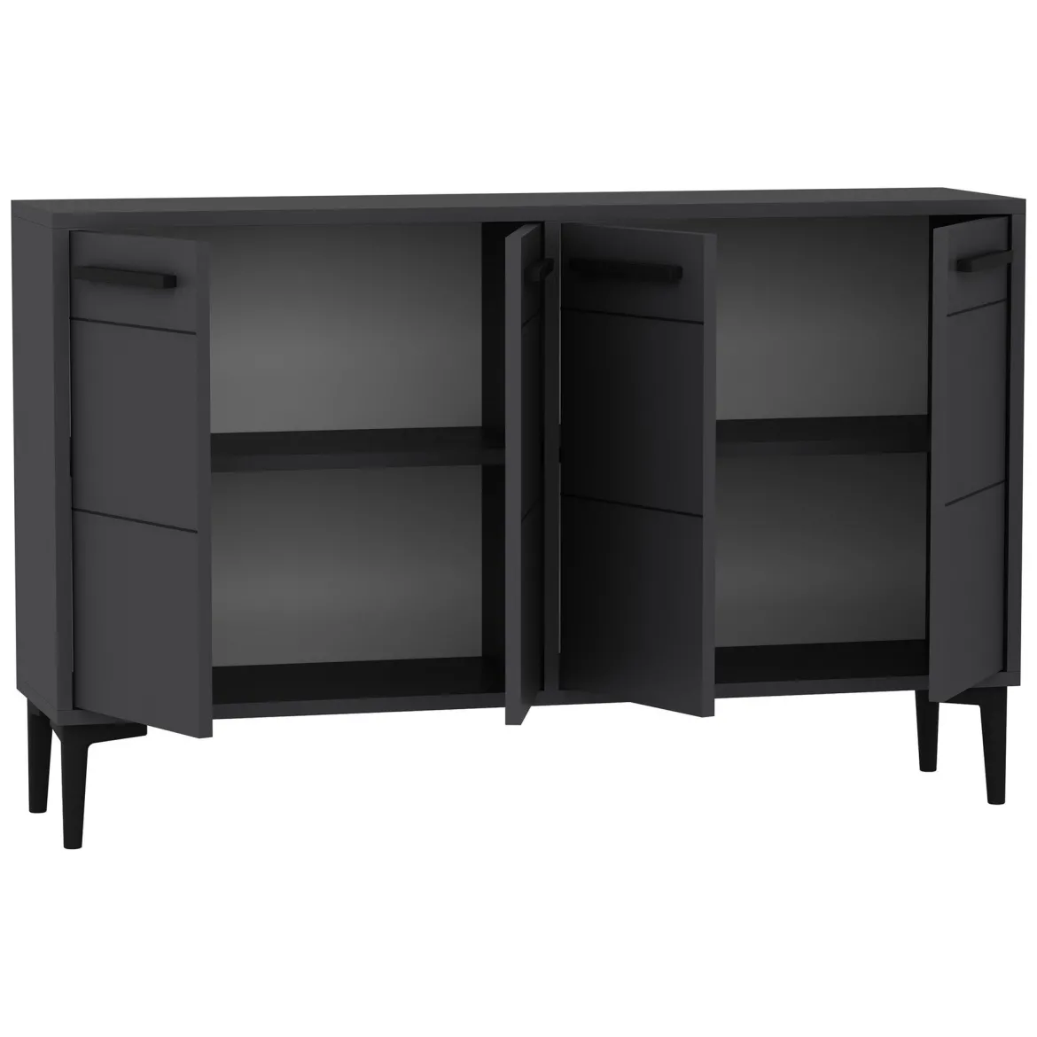 Credenza Nero Antracite 2 Ripiani 4 Ante 120x30x75h cm, 4 Vani - Perledo