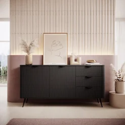 Credenza Nero 3 Cassetti 2 Ripiani 163x38x81h cm, Apertura Battente, Scorrevole - Halilala